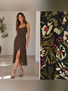 Zara Black Green Micro Floral Midi Slip Dress Sz M Viscose Sweetheart Neck